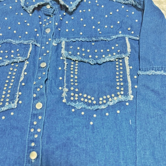 Rhinestone Studded Denim Shirt Jacket 3XL Western Fringe Raw Hem - Picture 5 of 8